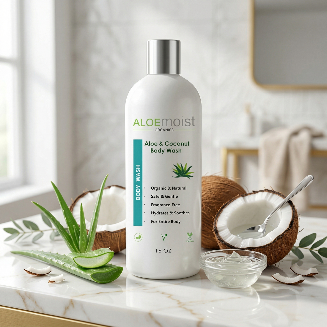 Aloe & Coconut Body Wash bottle with Aloe moist branding on a white background