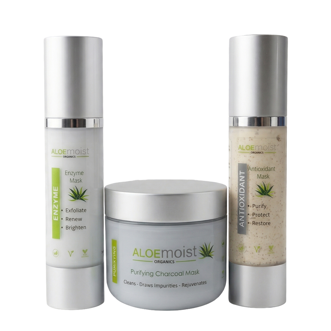 Three Aloe Moist skincare products on a white background