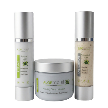 Three Aloe Moist skincare products on a white background