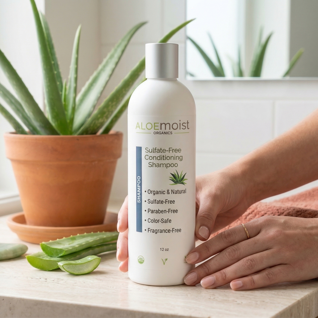 Aloe Moist shampoo bottle on a white background